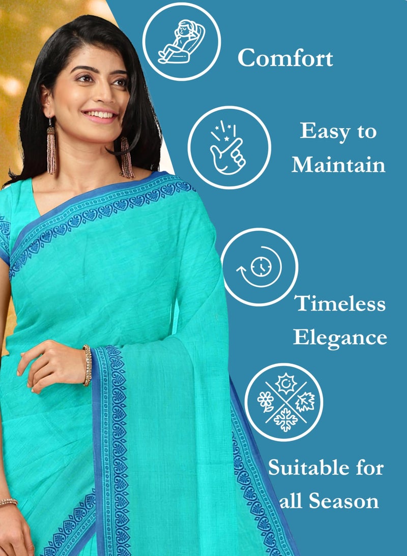 NandaVanam Women's Chettinad Cotton Sarees | Handloom Saree with Blouse | Pure Cotton Sarees for Women Daily use and All Occasion Wear| Soft, Comfort Cotton Saree (Aqua) - Image 4
