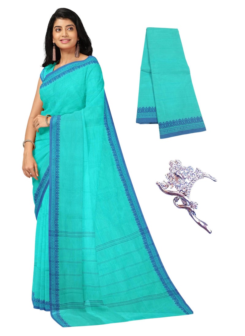 NandaVanam Women's Chettinad Cotton Sarees | Handloom Saree with Blouse | Pure Cotton Sarees for Women Daily use and All Occasion Wear| Soft, Comfort Cotton Saree (Aqua) - Image 1