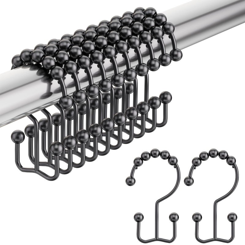 Amazer Black Shower Curtain Hooks, Shower Curtain Hooks Rust Proof 12 Pcs Stainless Steel Shower Hooks for Shower Curtain, Double Shower Curtain Hooks for Bathroom Shower Rods Curtain - Image 1