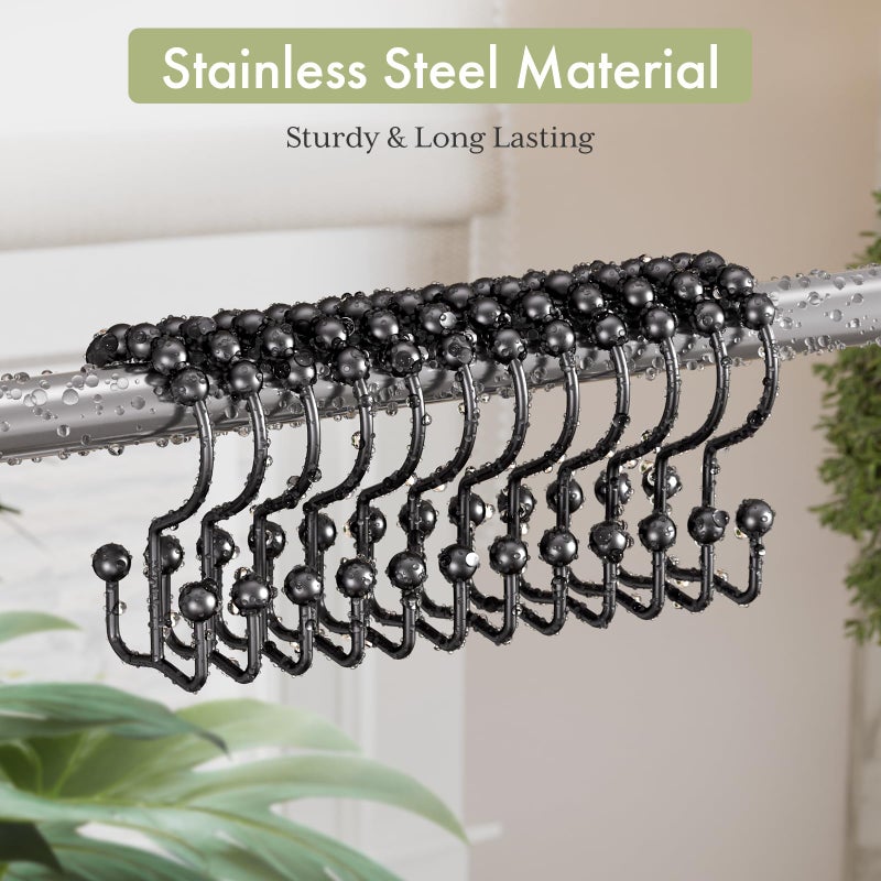 Amazer Black Shower Curtain Hooks, Shower Curtain Hooks Rust Proof 12 Pcs Stainless Steel Shower Hooks for Shower Curtain, Double Shower Curtain Hooks for Bathroom Shower Rods Curtain - Image 3