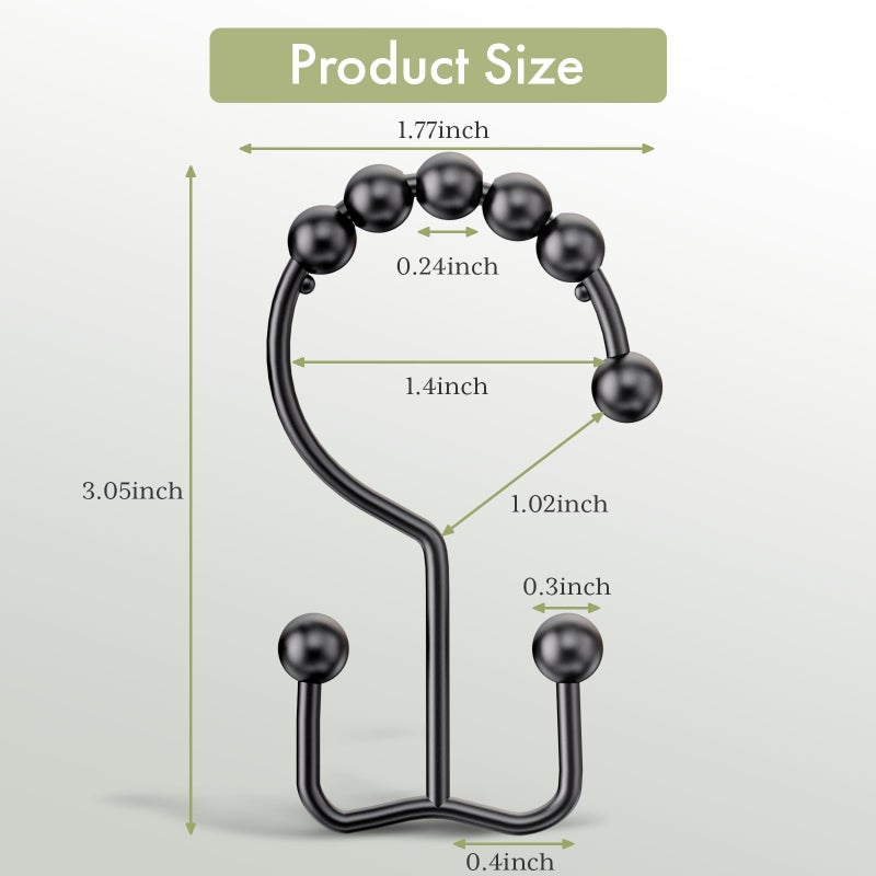 Amazer Black Shower Curtain Hooks, Shower Curtain Hooks Rust Proof 12 Pcs Stainless Steel Shower Hooks for Shower Curtain, Double Shower Curtain Hooks for Bathroom Shower Rods Curtain - Image 2