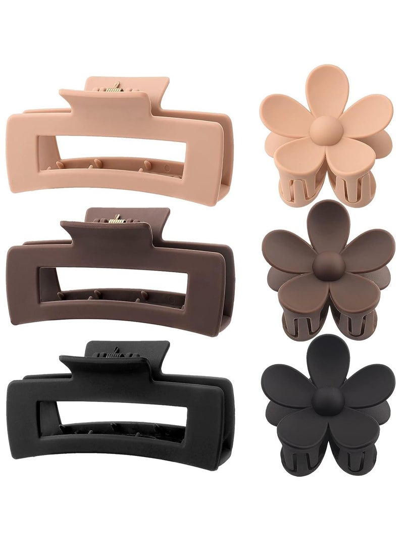 كيلا مشبك شعر، عبوة من 6 مشابك شعر مستطيلة كبيرة ومشابك شعر على شكل زهرة غير لامعة، مشابك مخالب من مادة بلاستيكية، مشابك مخالب محايدة للشعر الكثيف، مجموعة متنوعة من مشابك المخالب للنساء - Image 1