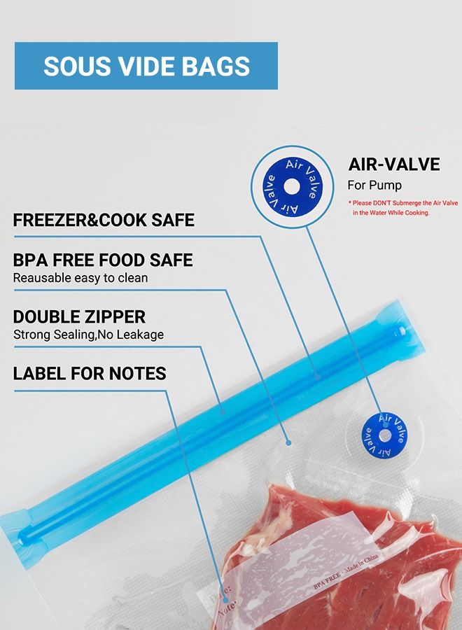 INKBIRD Food Vacuum Pump Electric Vacuum Sealer Zipper Bag for Anova and Joule Cookers 30PCS BPA Free Reusable Vacuum Seal Food Storage Bags 5 Cooking Clips 6 Sealing Clips 2 Replacement Air Valves - Image 3