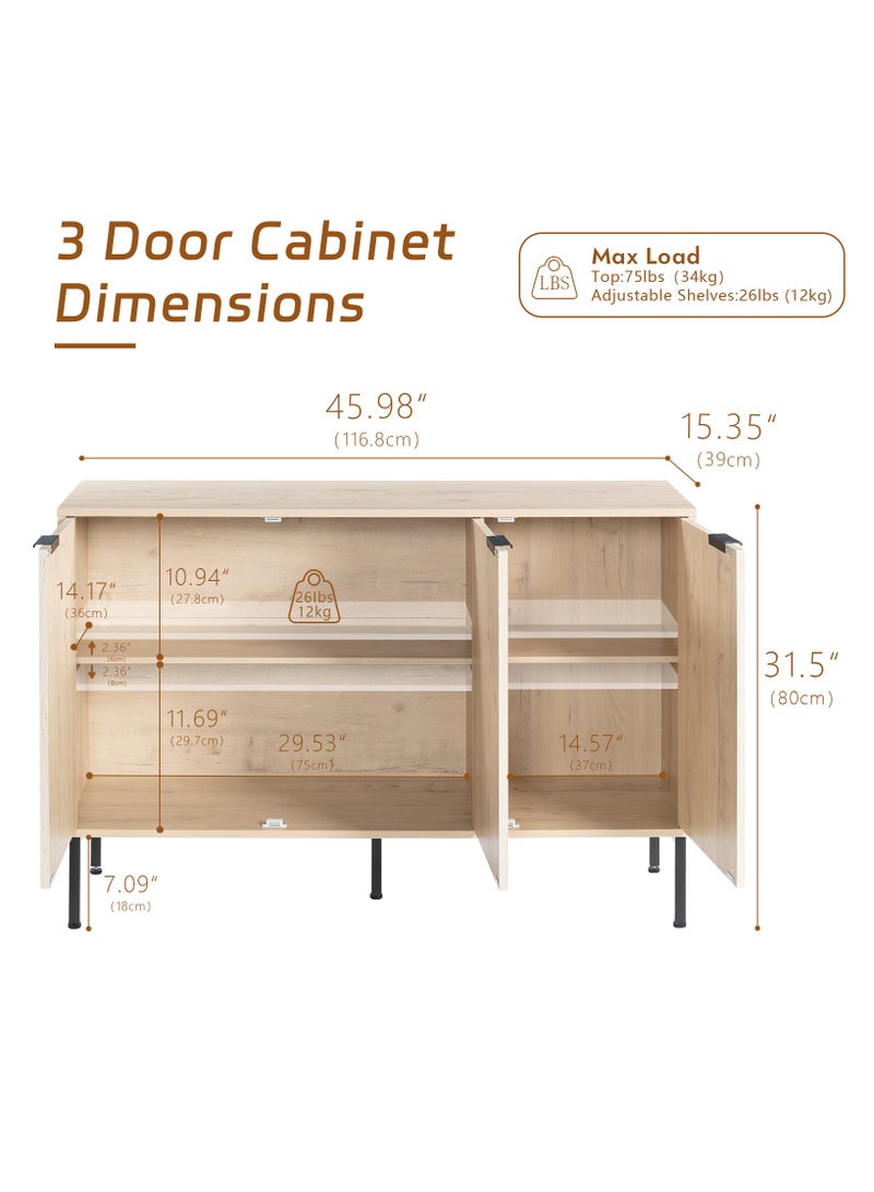 Chogori Large Buffet Sideboard Cabinet,45.98" Long Credenza Storage Cabinet,Mid Century Modern Kitchen Pantry Storage Cupboard Cabinets with 3 Doors and Shelves,Fluted Entryway Cabinets for Dining Room - Image 2