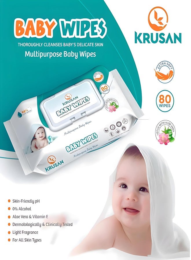 KRUSAN مناديل كروسان للأطفال، مناديل فائقة النعومة لبشرة الطفل، مناديل مبللة مع فيتامين هـ ولوشن مرطب، خالية من الكحول، عبوة بغطاء (80 منديل) - Image 4
