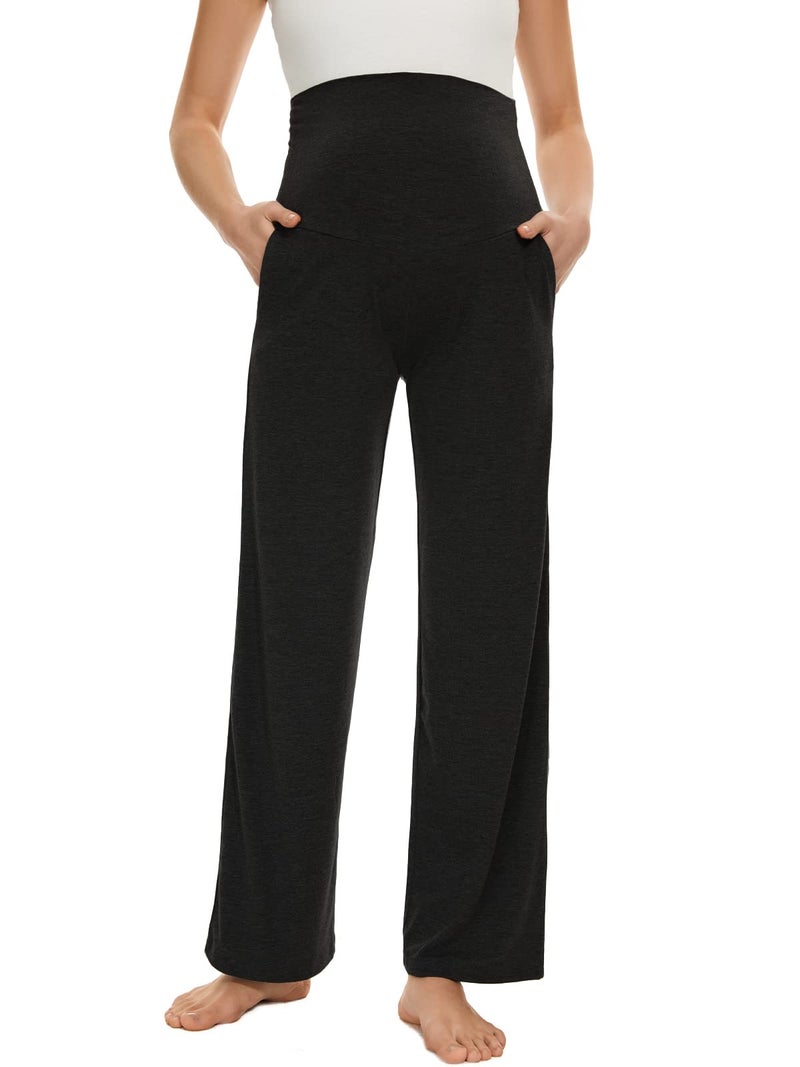 Ecavus Women's Maternity Wide/Straight Versatile Comfy Palazzo Lounge Pants Stretch Pregnancy Trousers with Pockets - Image 2