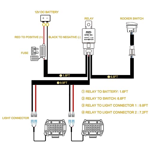 Rfroad Lighting Wiring Harness 2 Lead, Rfroad Lighting 12V Fog Lights Wiring Harness Kit for LED Light Bar Work Lights Driving Lights 40A Relay Fuse On/Off Rocker Switch Nylon Wire Harness for Truck UTV ATV Boat - Image 2