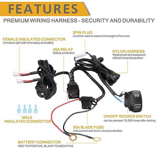 Rfroad Lighting Wiring Harness 2 Lead, Rfroad Lighting 12V Fog Lights Wiring Harness Kit for LED Light Bar Work Lights Driving Lights 40A Relay Fuse On/Off Rocker Switch Nylon Wire Harness for Truck UTV ATV Boat - Image 3