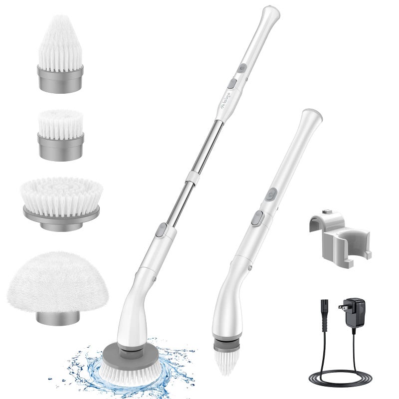 LABIGO Electric Spin Scrubber LA1 Pro Cordless Spin Scrubber with 4 Replaceable Brush Heads and Adjustable Extension Handle Power Cleaning Brush for Bathroom Floor Tile White
