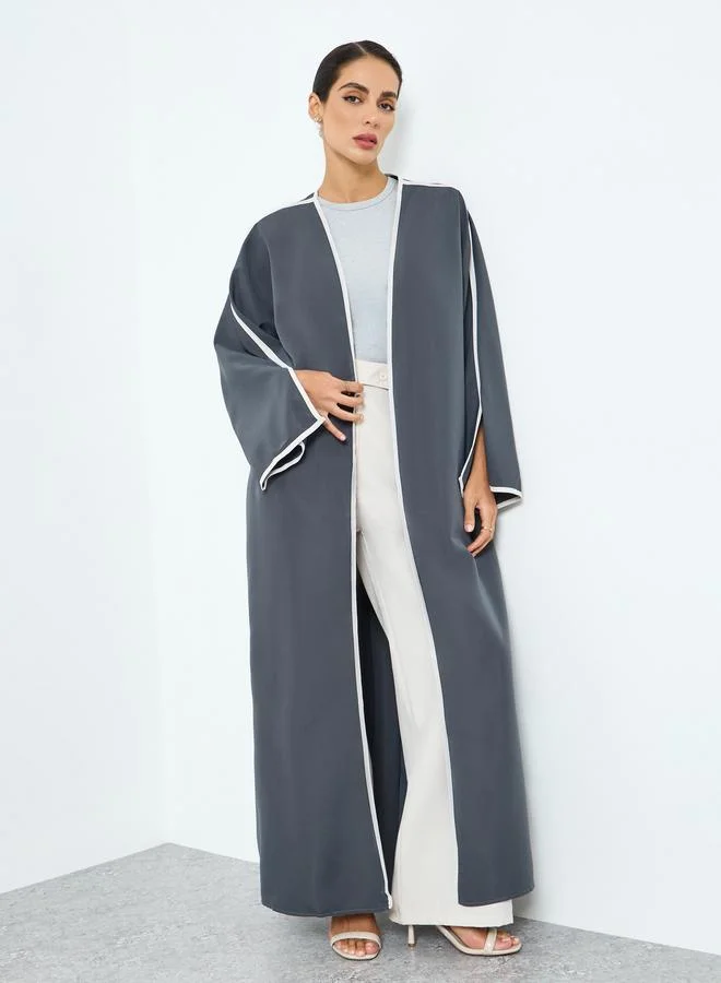 Take Two Women Grey Contrast Piping Slit Sleeve Abaya
