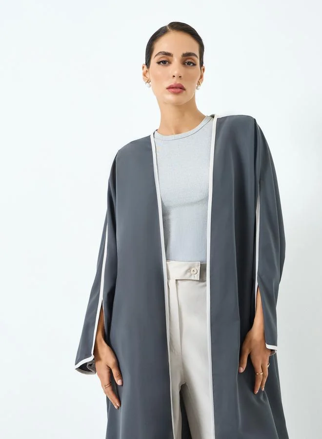 Take Two Women Grey Contrast Piping Slit Sleeve Abaya