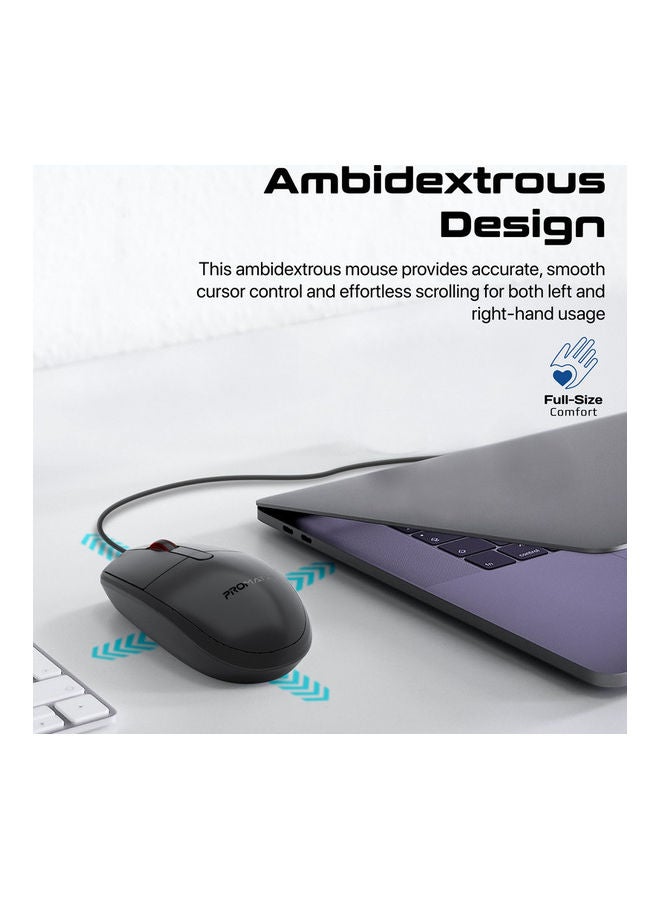 PROMATE 1200DPI Wired Mouse with 6 million Keystrokes, Hyper-Fast Scroll Wheel, 3 Button, 150cm Cable and Anti-Slip Design, CM-1200 Black - Image 4