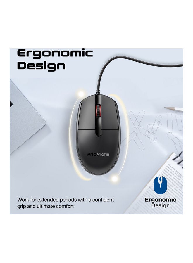PROMATE 1200DPI Wired Mouse with 6 million Keystrokes, Hyper-Fast Scroll Wheel, 3 Button, 150cm Cable and Anti-Slip Design, CM-1200 Black - Image 3