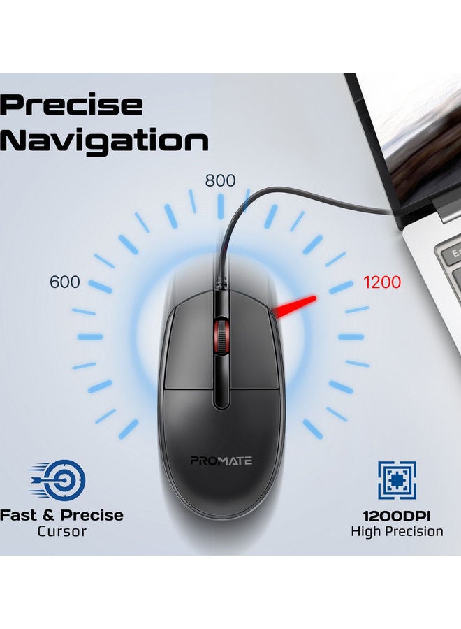 PROMATE 1200DPI Wired Mouse with 6 million Keystrokes, Hyper-Fast Scroll Wheel, 3 Button, 150cm Cable and Anti-Slip Design, CM-1200 Black - Image 5