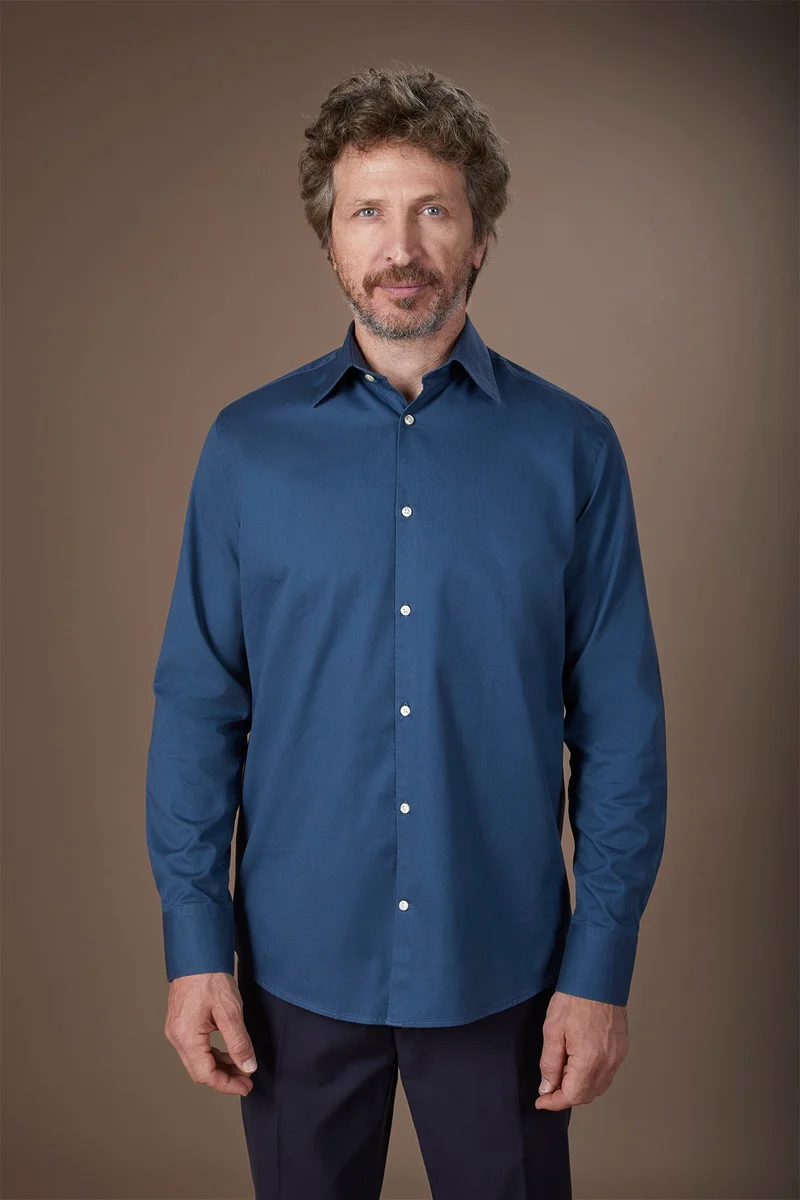 دوبل غانغر Men's casual shirt with classic collar in 100% cotton gabardine fabric comfort fit - Indigo