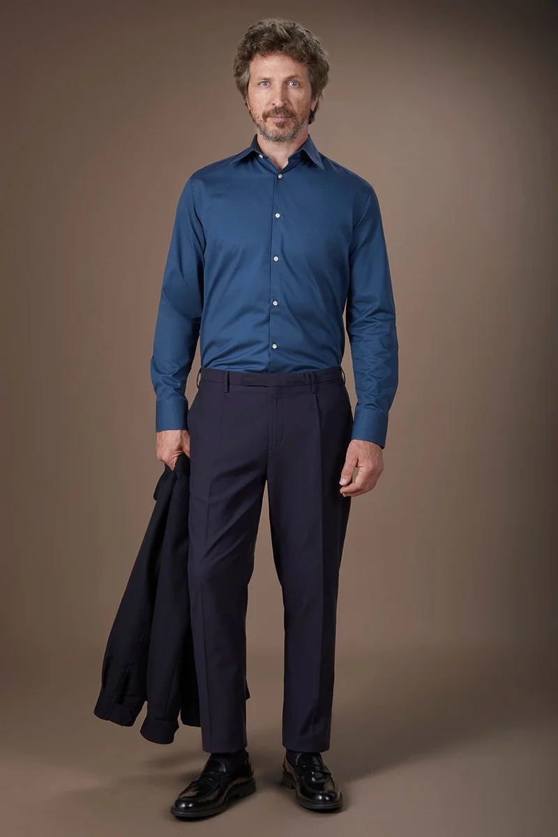 دوبل غانغر Men's casual shirt with classic collar in 100% cotton gabardine fabric comfort fit - Indigo