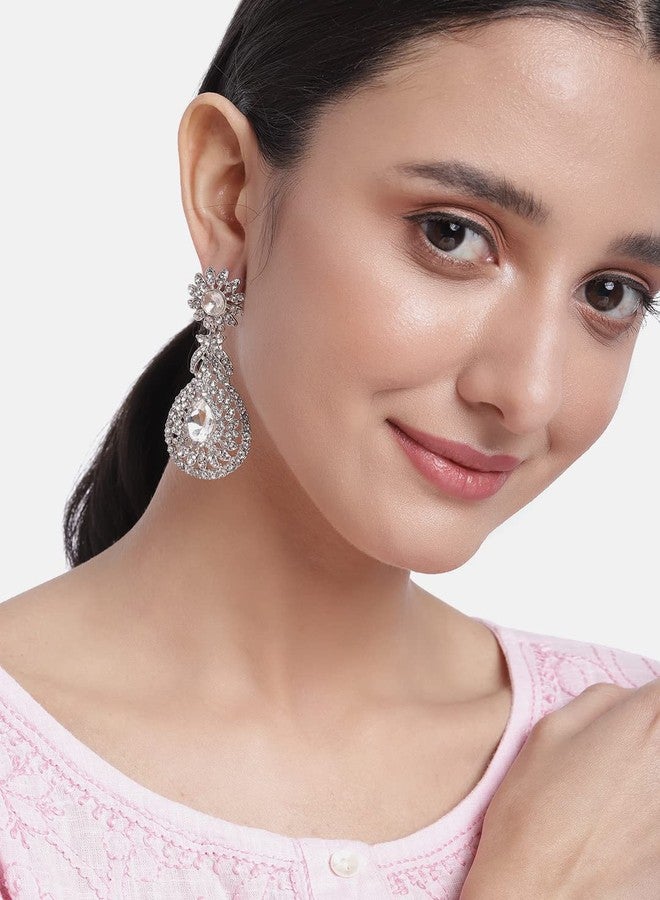 Peora Indian Festive Silver Plated Pear Shape Austrian Diamond Earrings for Women Girls - Image 2