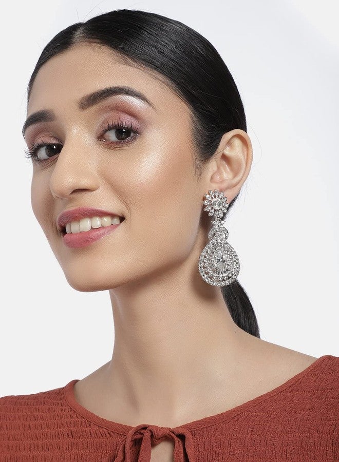 Peora Indian Festive Silver Plated Pear Shape Austrian Diamond Earrings for Women Girls - Image 3