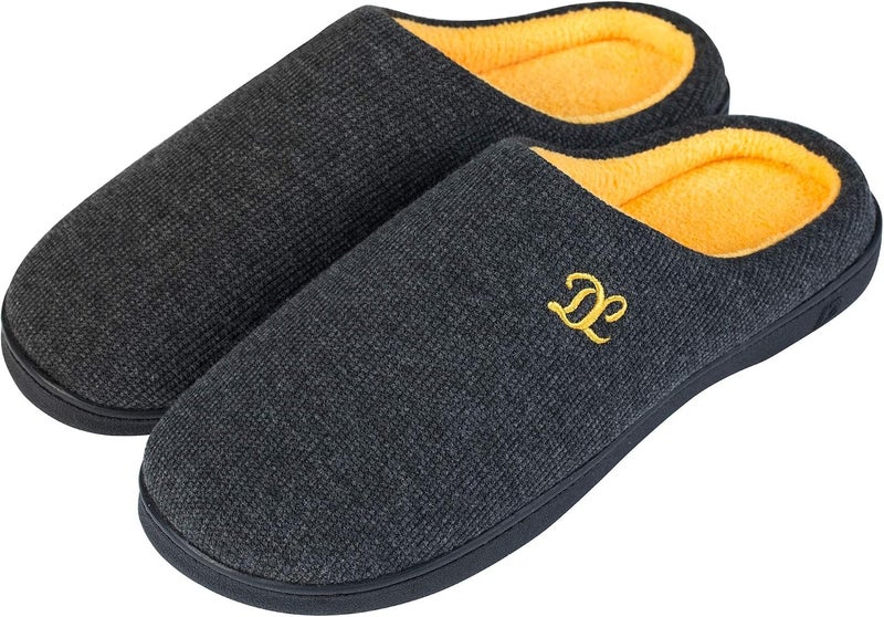 DL Men's Memory Foam Slippers - Cozy Slip-On House Shoes with Flannel Lining, Size 13-14, Gray/Yellow - Image 1