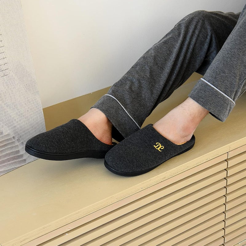 DL Men's Memory Foam Slippers - Cozy Slip-On House Shoes with Flannel Lining, Size 13-14, Gray/Yellow - Image 2