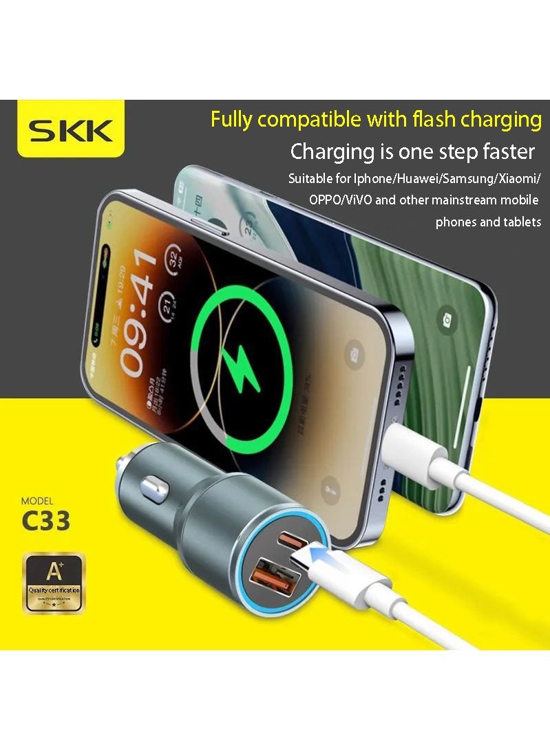SKK C33 is fully compatible with efficient and fast charging metal body car chargers with USB+PD dual port output, suitable for Iphone, Huawei, Xiaomi, Samsung. - Image 2