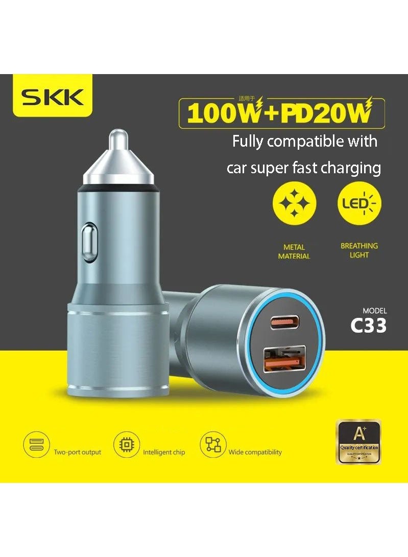 SKK C33 is fully compatible with efficient and fast charging metal body car chargers with USB+PD dual port output, suitable for Iphone, Huawei, Xiaomi, Samsung. - Image 3