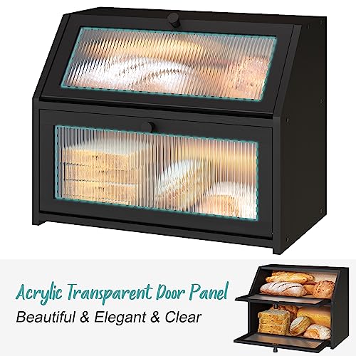 Vriccc Black Bread Box for Kitchen Counter, Large Bamboo Wood Double Layer Bread Box, Wooden Bread Storage Capacity - Image 3