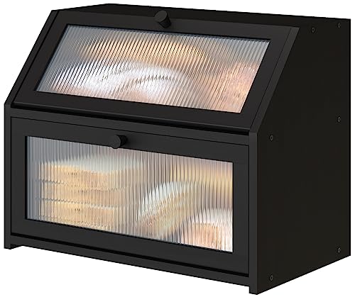 Vriccc Black Bread Box for Kitchen Counter, Large Bamboo Wood Double Layer Bread Box, Wooden Bread Storage Capacity - Image 1