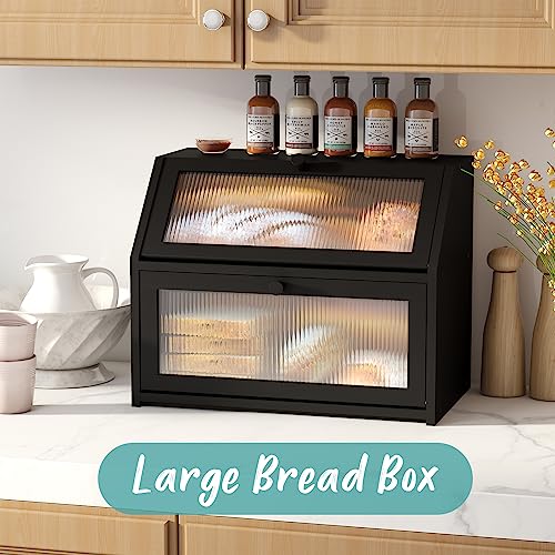 Vriccc Black Bread Box for Kitchen Counter, Large Bamboo Wood Double Layer Bread Box, Wooden Bread Storage Capacity - Image 2