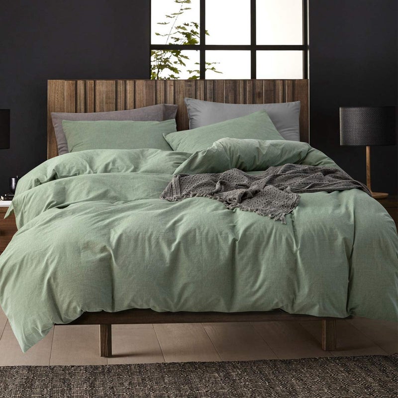 ECOCOTT EcOcOTT green Duvet cover Queen Size  3 Piece 100 Washed cotton 1 Duvet cover with Zipper and 2 Pillowcases  Ultra Soft and Easy care Breathable cozy Bedding Set(Sage green  Queen) 