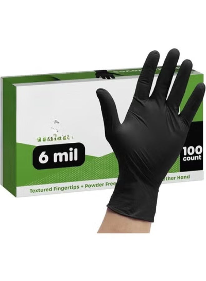 قفازات نتريل سوداء صناعية شديدة التحمل – عبوة 100 قطعة – سمك إضافي درجة 6 ميل – خالية من اللاتكس والبودرة – قبضة محكمة بنقشة بارزة – حماية احترافية مقاس كبير (Large) - Image 1