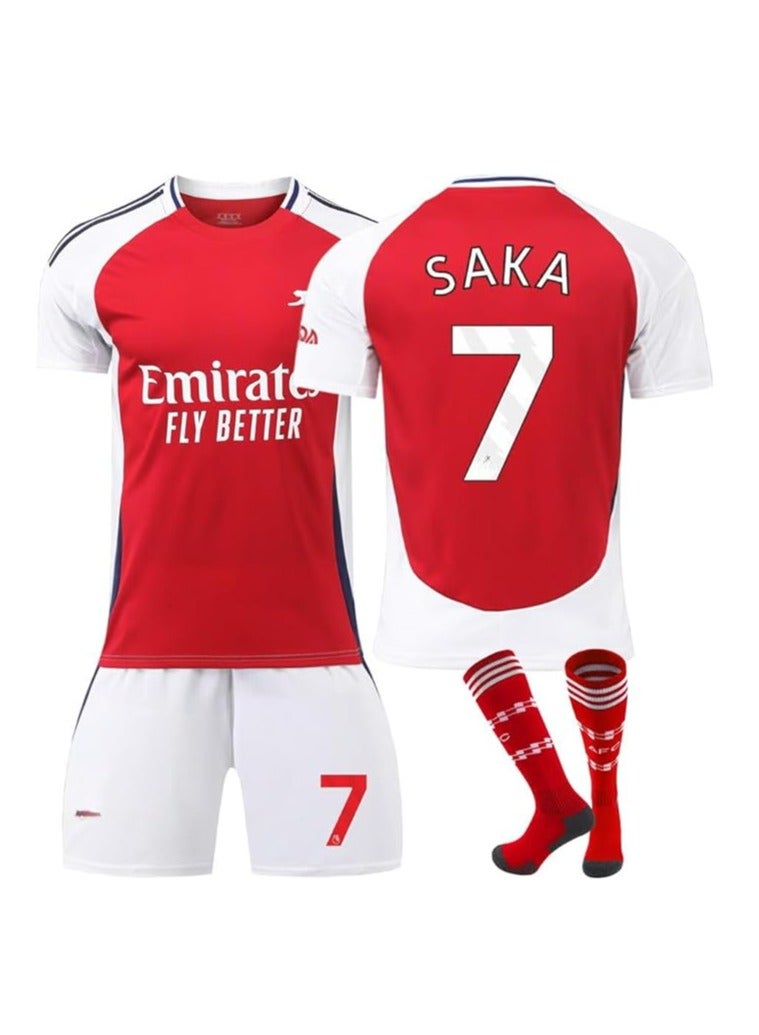 عام مجموعة ملابس كرة القدم من آرسنال للموسم 2024/25، تحتوي على قميص كرة القدم/شورت/جوارب لمشجعين برقم 7 ساكا، بأحجام مراهقين وكبار. - Image 1
