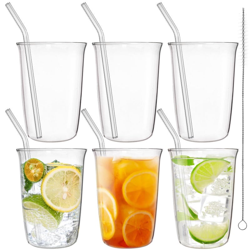 Nagpew 6 Piece Drinking Glasses, 16 Oz Clear Water Glass Set with Straws, Lead-free Highball Glass Cup Kitchen Glassware for Juice, Beverage, Cocktail, Ice Tea, Coffee, Soda - Image 1