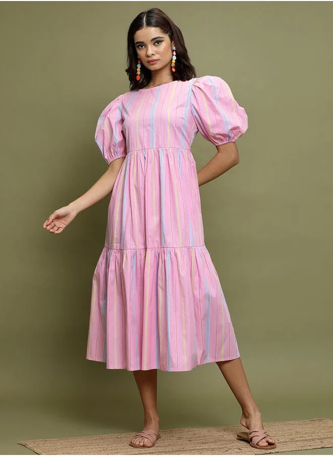 فيشود Vishudh Women Pink Striped Puff Sleeves A-Line Midi Dress