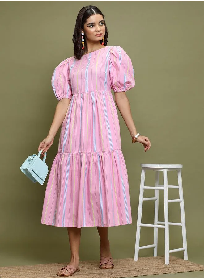 فيشود Vishudh Women Pink Striped Puff Sleeves A-Line Midi Dress
