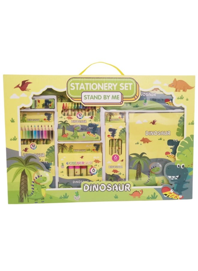 Home Smart Dinosaur Stationery set for toddlers 35Pcs Ultimate stationery set with Notebook, Pencil box, Ruler, Sharpener, Eraser, Color pencils, Color pens and Crayons perfect for gift.