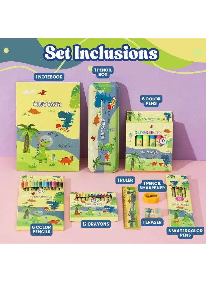 Home Smart Dinosaur Stationery set for toddlers 35Pcs Ultimate stationery set with Notebook, Pencil box, Ruler, Sharpener, Eraser, Color pencils, Color pens and Crayons perfect for gift.