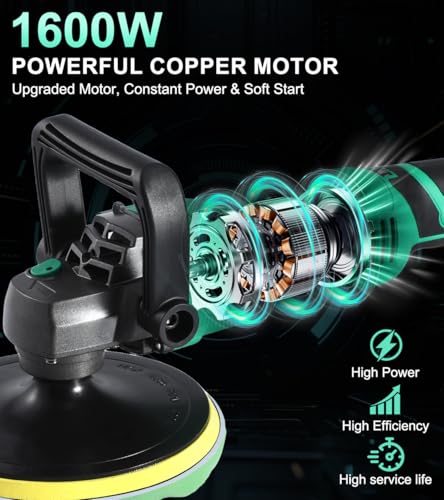 ZOTA Buffer Polisher, 1600W 7 Inch/6 Inch Pure Copper Motor Car Buffers and Polishers Kit, 7 Variable Speeds 1000-3500 RPM Car Polishers and Buffers, Ultra-long Cord for Car Boat Polishing Waxing. - Image 2