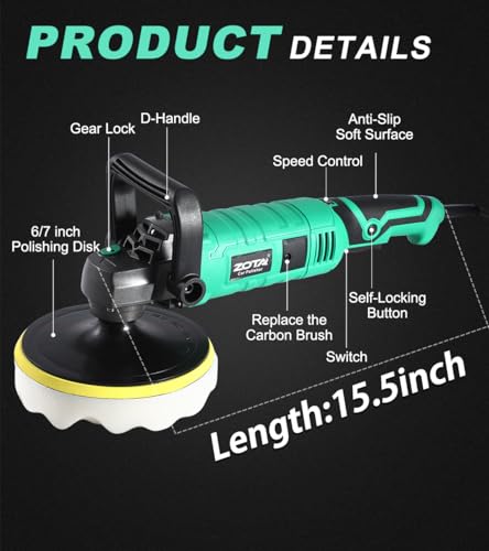 ZOTA Buffer Polisher, 1600W 7 Inch/6 Inch Pure Copper Motor Car Buffers and Polishers Kit, 7 Variable Speeds 1000-3500 RPM Car Polishers and Buffers, Ultra-long Cord for Car Boat Polishing Waxing. - Image 5
