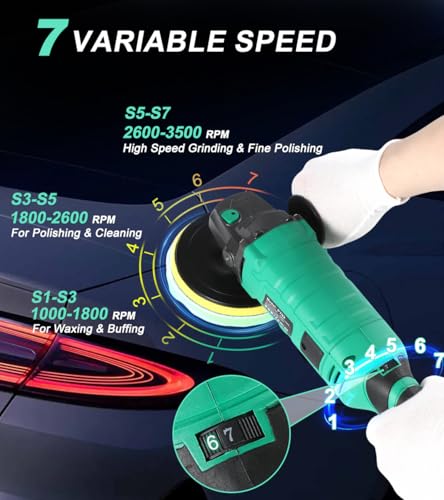 ZOTA Buffer Polisher, 1600W 7 Inch/6 Inch Pure Copper Motor Car Buffers and Polishers Kit, 7 Variable Speeds 1000-3500 RPM Car Polishers and Buffers, Ultra-long Cord for Car Boat Polishing Waxing. - Image 3