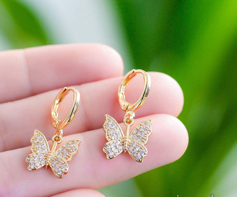 INENIMARTJ Butterfly Earrings Butterfly Dangle Earrings 14K Gold Small Crystal Butterfly Hoop Earrings for Women - Image 5