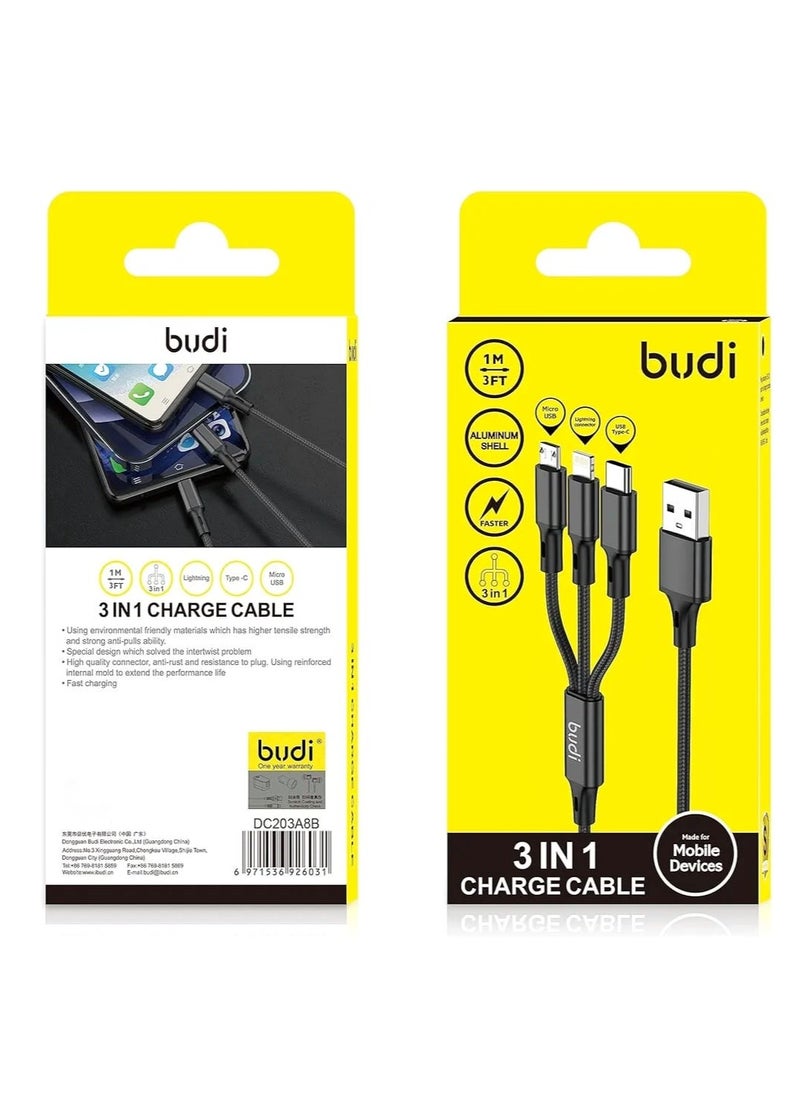 budi - Fast Charging Nylon Braided 3 In 1 USB Cable Black - Image 1