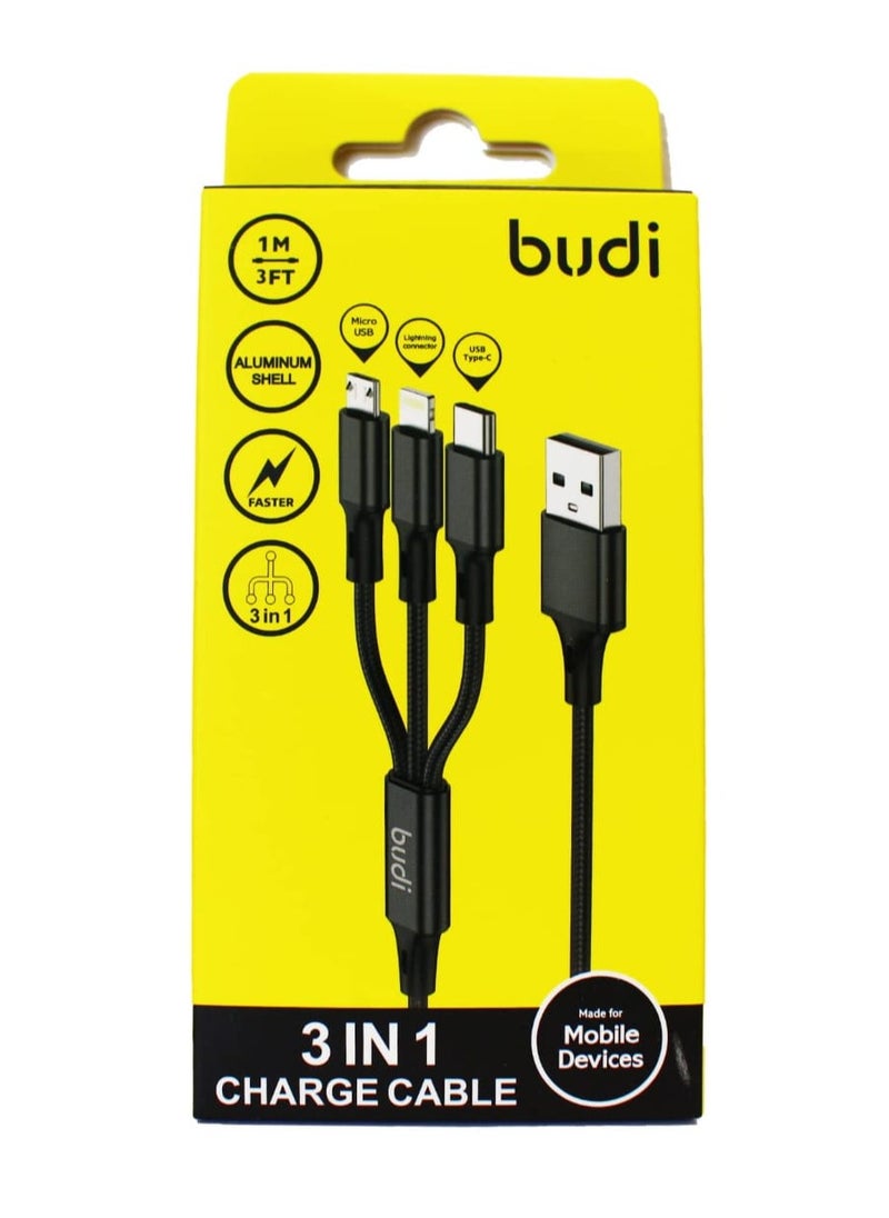 budi - Fast Charging Nylon Braided 3 In 1 USB Cable Black - Image 1