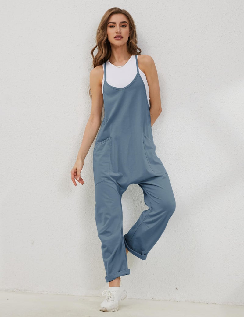 Lentta Women's Causal Jumpsuits V Neck Sleeveless Harem Overalls Stretchy Adjustable Strap Romper with Pockets(BlueGrey-L) - Image 2