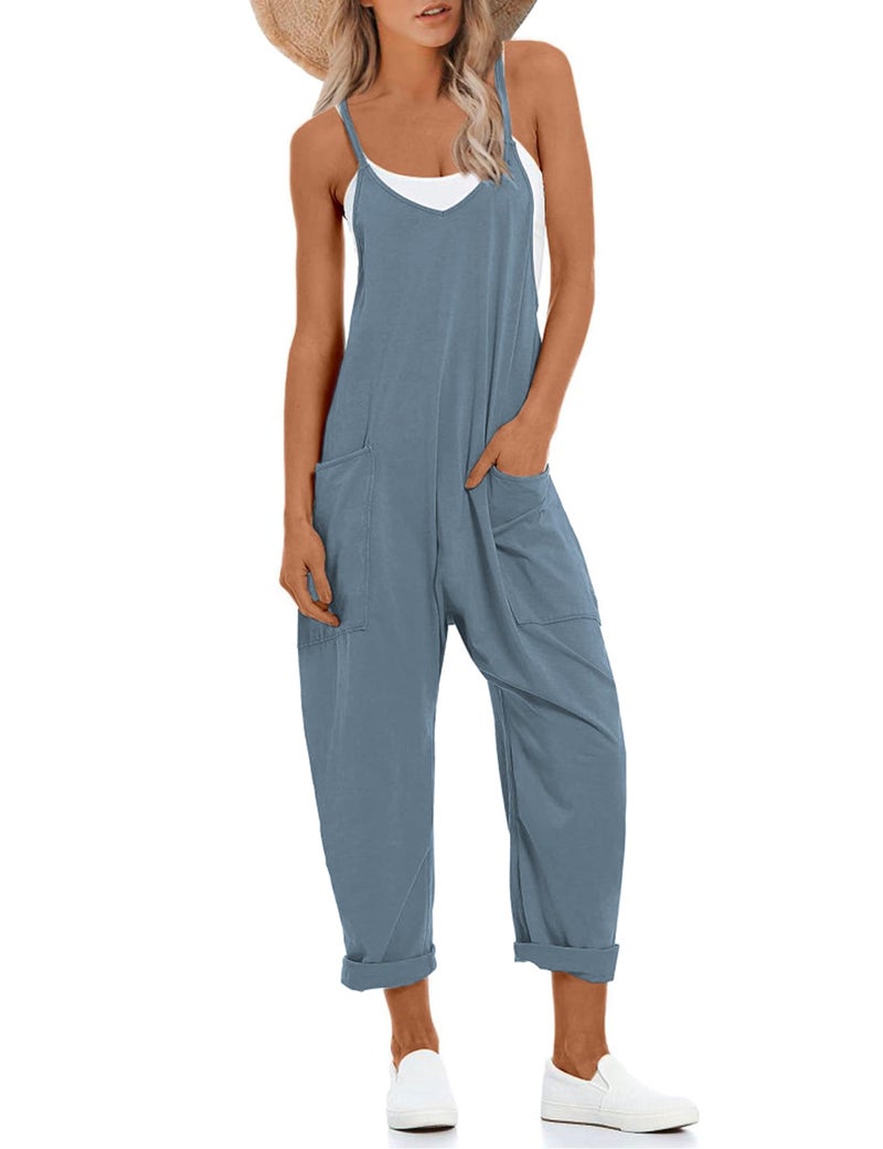 Lentta Women's Causal Jumpsuits V Neck Sleeveless Harem Overalls Stretchy Adjustable Strap Romper with Pockets(BlueGrey-L) - Image 1