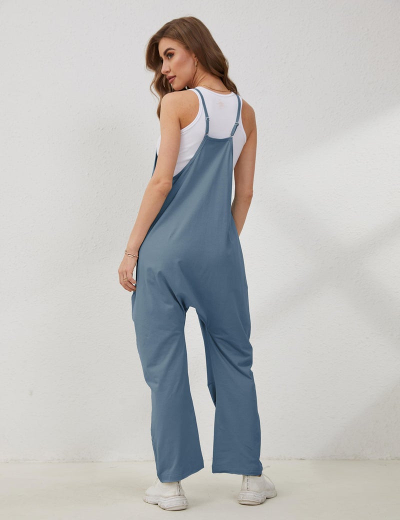 Lentta Women's Causal Jumpsuits V Neck Sleeveless Harem Overalls Stretchy Adjustable Strap Romper with Pockets(BlueGrey-L) - Image 4