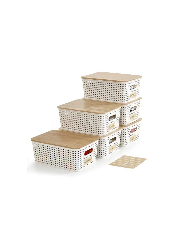 SMALL PLASTIC STORAGE BINS WITH BAMBOO LIDS 52QT STACKABLE BOX BASKET PANTRY DECORATIVE CONTAINERS CUTE WITH LABLE FOR ORGANIZING DESKTOP CLOSET OFFICE CREAM WHITE OF 6 PACKS 107241