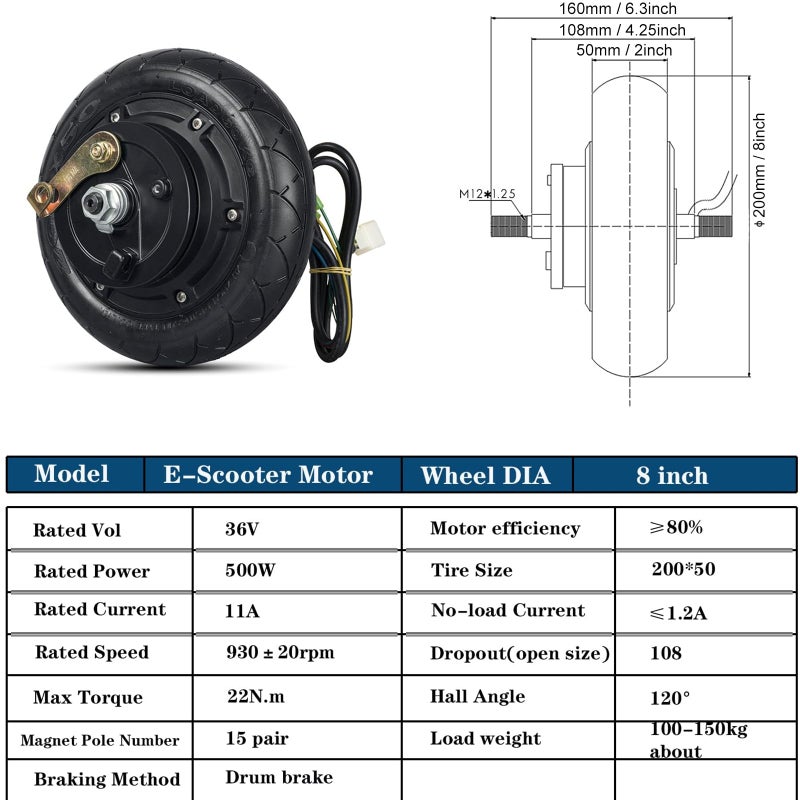 doinal 8inch Hub Motor Kit 36V 500W Brushless Hub Motor with 25A Controller Power Display Throttle, 8in Motor Wheel Brushless Gearless (8in 36V 500W) - Image 2