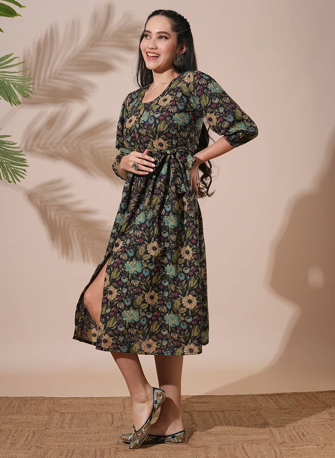 globus Globus Black Floral Print Waist Tie-Up Midi Dress
