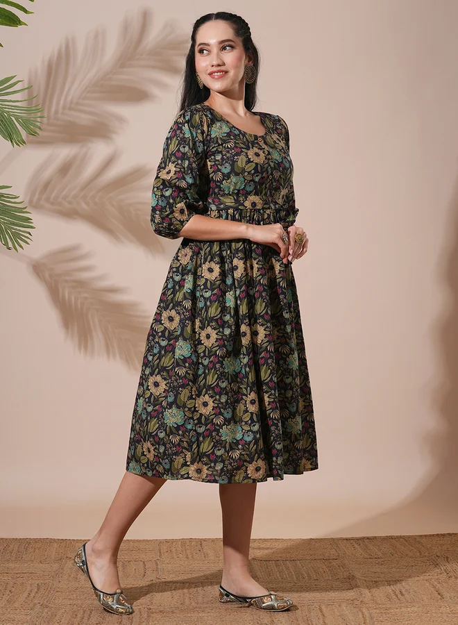 globus Globus Black Floral Print Waist Tie-Up Midi Dress